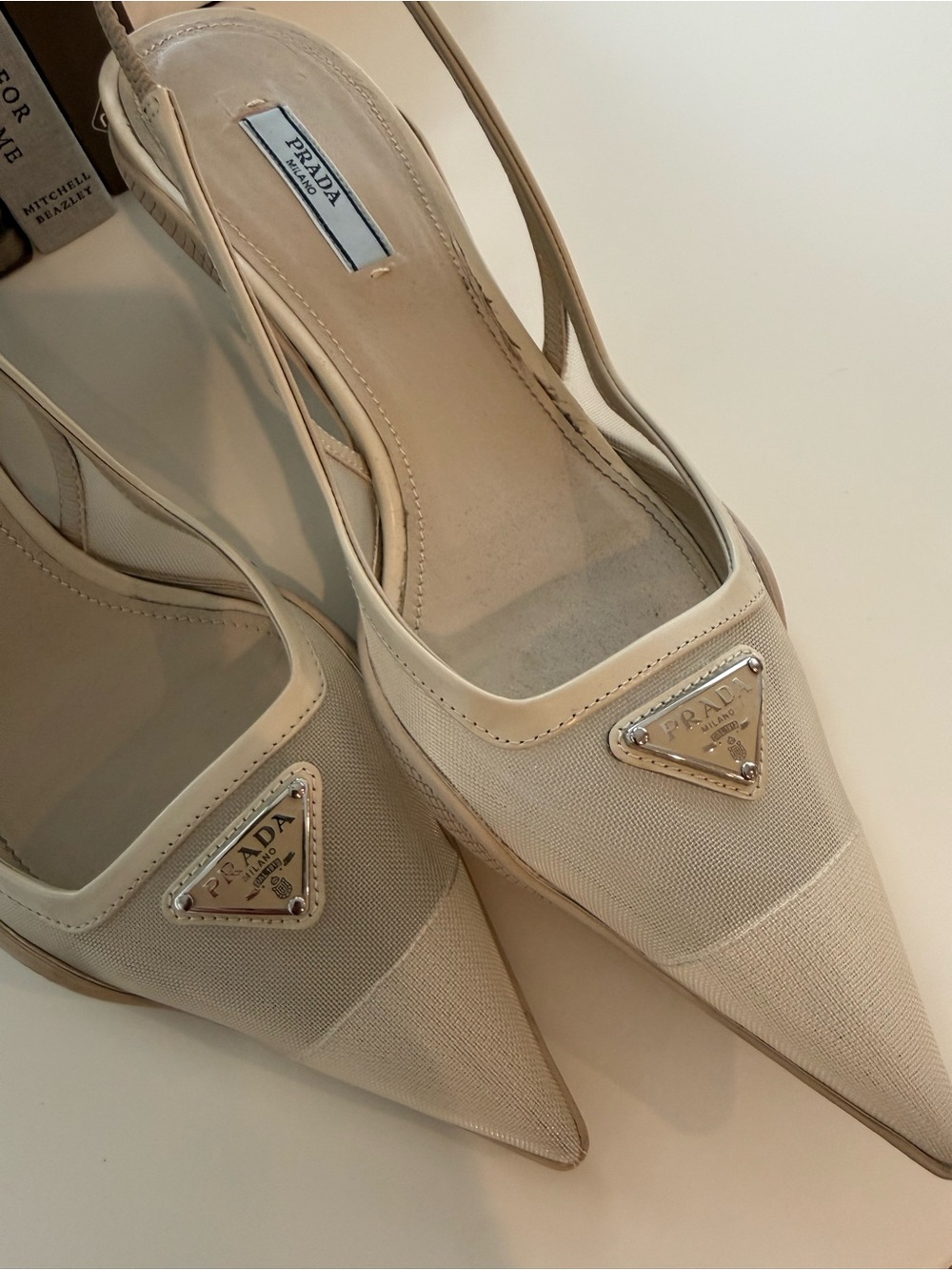 Prada Cream Pointed-Toe Slingback Pumps - Picture 2 of 8